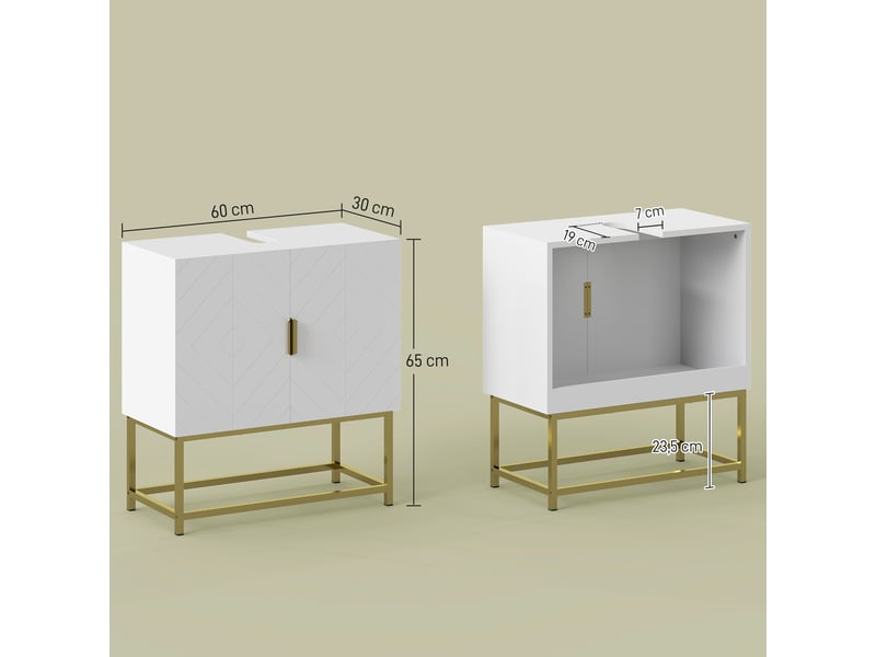  Meuble sous lavabo blanc à double porte, pieds en acier doré, 60 x 30 x 65 cm  - Conforama E