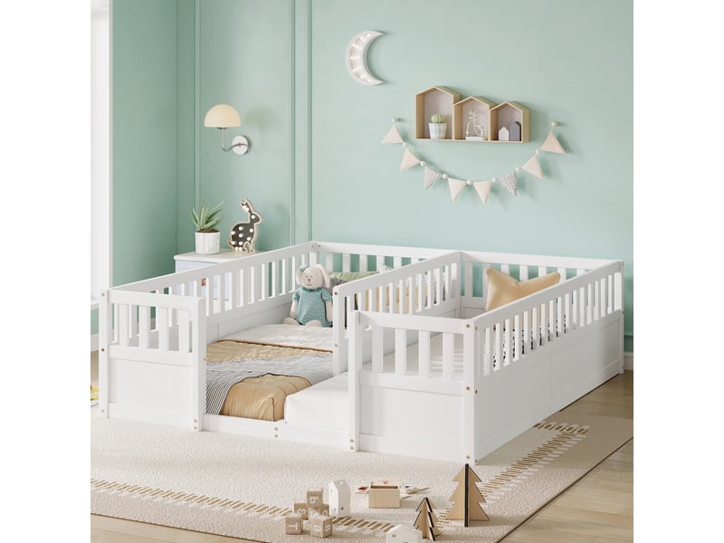  Lit au sol double enfant 2x90x200 cm, 2 couchages avec hauts garde-corps semi-fermés, entrée ouverte, structure en pin et mdf, blanc  - Conforama C