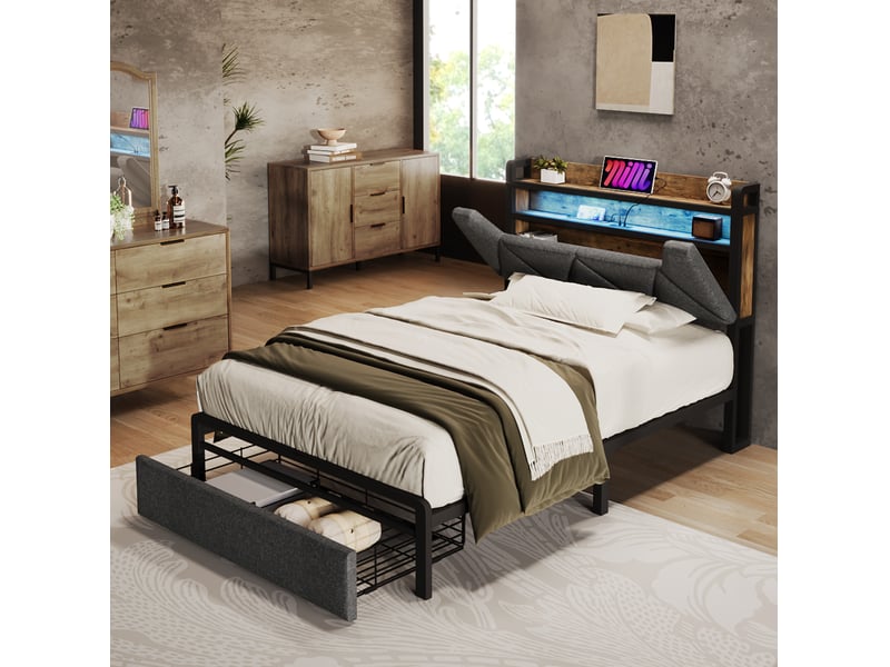  Lit coffre tcqpz 90 x 200 cm avec tête de lit avec rangement, led, ports usb et type-c, tiroirs, cadre métallique, lin gris  - Conforama D