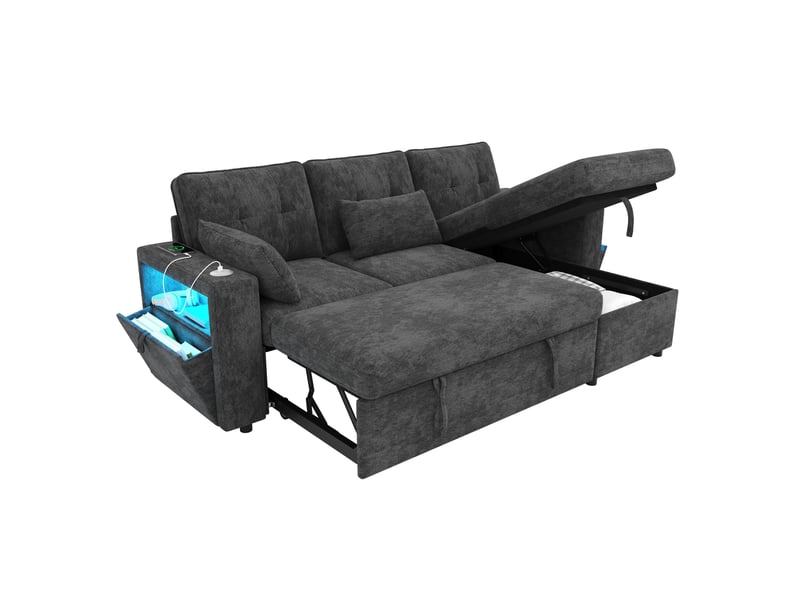  Canapé d'angle convertible 3 places 213x131x83 cm avec coffre, led, usb et rangement, couleur gris, moderne  - Conforama A