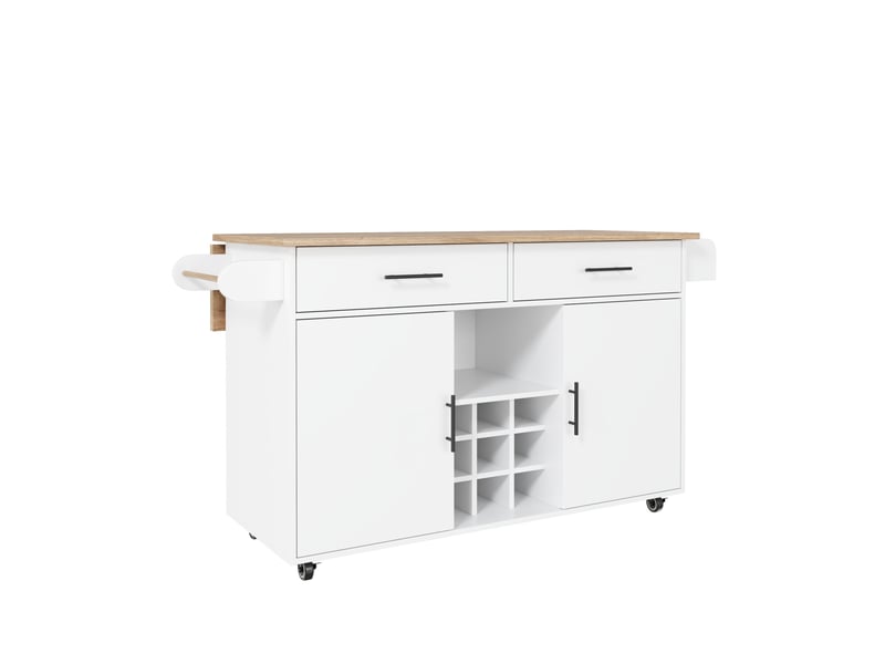 Desserte de cuisine 120 x 45 x 84 cm blanche en bois, plateau rabattable, 2 tiroirs et 4 roulettes mobiles  - Conforama D
