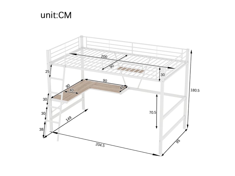 Lit mezzanine 90x200cm, sommier, escalier, bureau, lit simple, étagère rangement, lit métal, mdf, blanc sans matelas - Conforama C