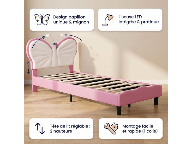  Lit enfant lit simple 90x190 cm, tête de lit papillon et lampe de lecture, style moderne, rose  - Conforama C