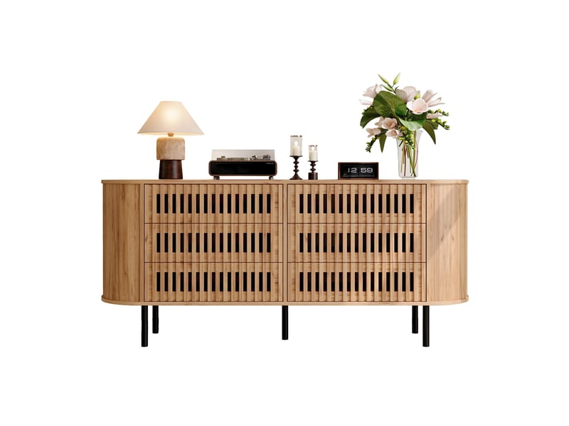  Buffet 6 tiroirs à glissières métalliques pour salon et entrée en mdf 160×40×70 cm bois naturel  - Conforama A