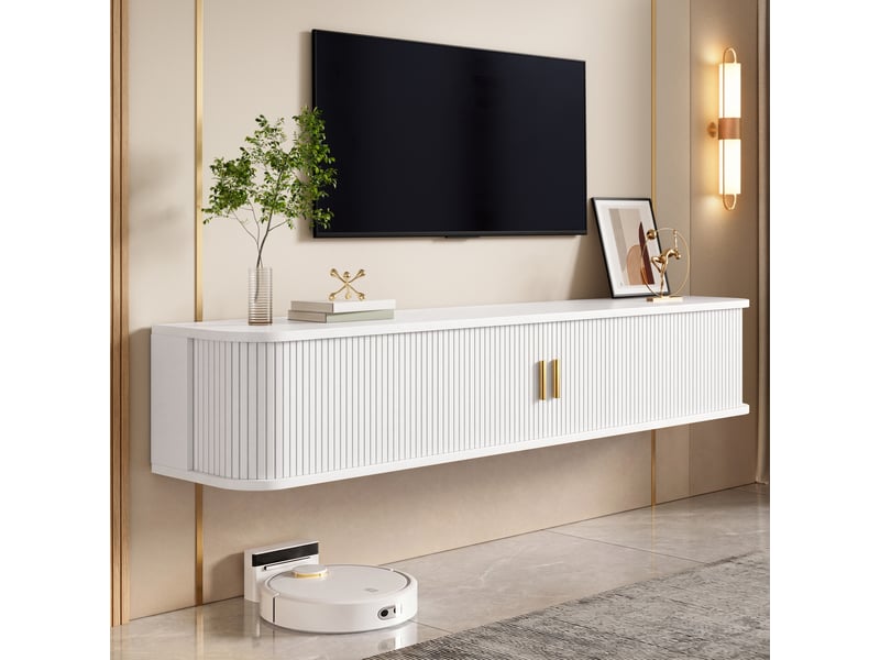  Meuble tv suspendu 175x30x30 cm, 2 portes coulissantes, 1 tiroir, étagères réglables, led par application, façade rainurée - blanc  - Conforama E