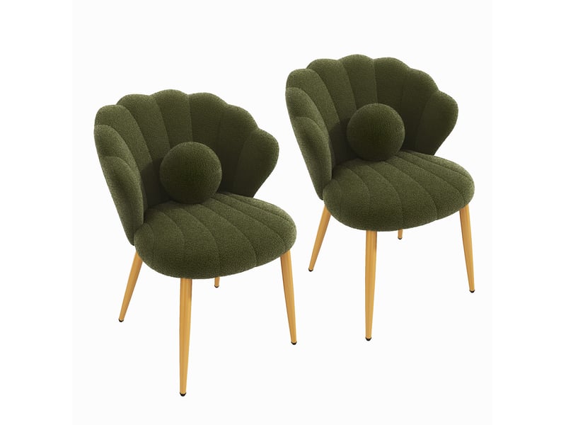  Chaises de salle à manger lot de 2 avec dossier coquillage et coussins ronds, pieds en métal doré, tissu bouclette vert  - Conforama A