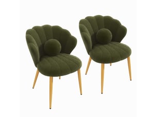Chaises de salle à manger lot de 2 avec dossier coquillage et coussins ronds, pieds en métal doré, tissu bouclette vert