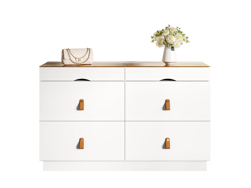  Commode avec 6 tiroirs 120x40x78 cm, coiffeuse, pour chambre, salon, mdf blanc, buffet, plateau en verre transparent  - Conforama A