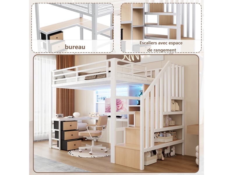 Lit mezzanine enfant 90x200 cm avec bureau, escalier avec rangement, 4 tiroirs, led, cadre métallique et mdf, blanc Radiant Stride - Conforama D