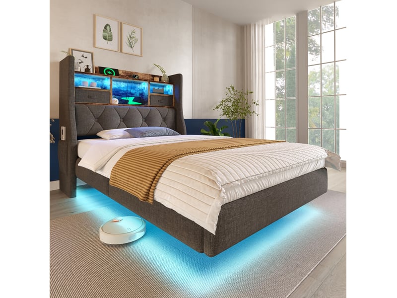 Lit enfant 90x200 cm led multicolore, prises usb type‑c, tête rangement avec poches, revêtement lin gris, sans matelas - Conforama B