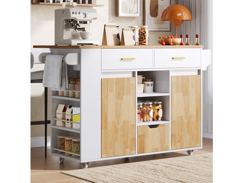  Îlot de cuisine mobile 120x71x90 cm avec plateau rabattable et 3 tiroirs, blanc  - Conforama B