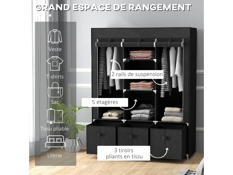  Armoire de rangement en tissu pliable avec 5 étagères, 2 tringles et 3 tiroirs en tissu 125l x 43l x 162.5h cm  - Conforama E