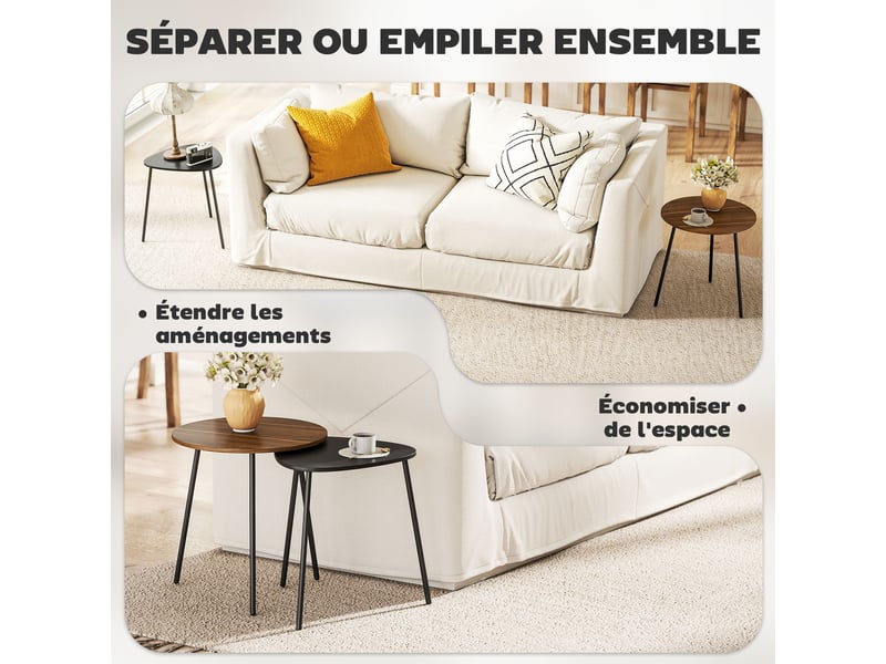  Lot de 2 tables basses gigognes, tables d'appoint contemporain cadre en métal, noyer et noir, ronde et triangulaire  - Conforama D