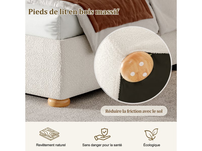  Lit coffre 160x200 cm blanc, tissu bouclé, sommier relevable hydraulique, tête de lit rembourrée, pieds en bois massif, sommier à lattes inclus  - Conforama D