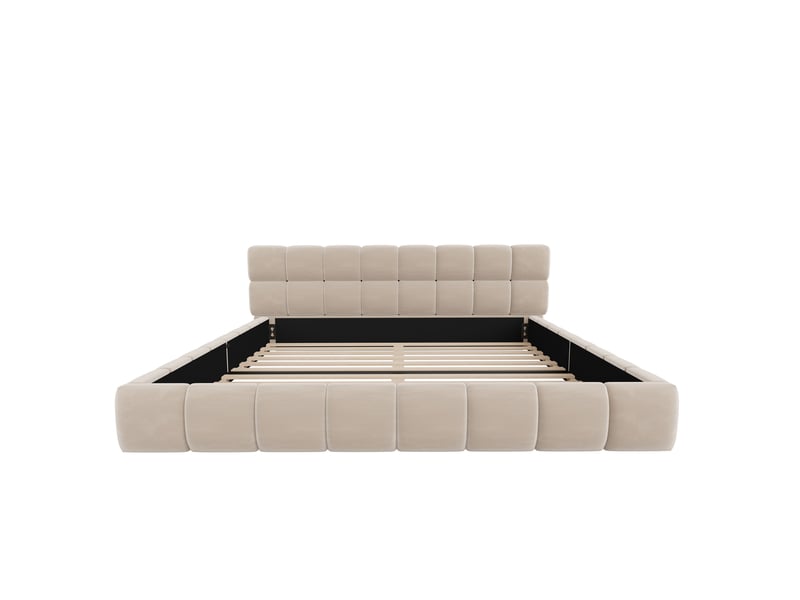  Lit double rembourré 160x200 cm en velours beige avec tête de lit douce, cadre rembourré et design lit bas Morn Vibe - Conforama E