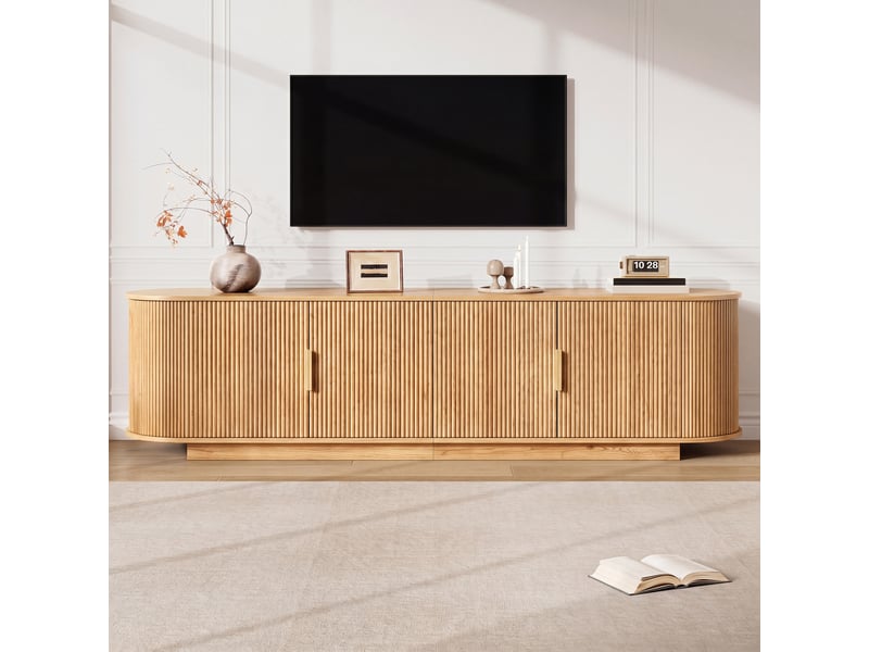 Meuble tv 180 cm banc tv bois naturel avec 4 portes ondulées 3d, meuble de salon moderne pour écrans plats, 180x35x50cm - Conforama W