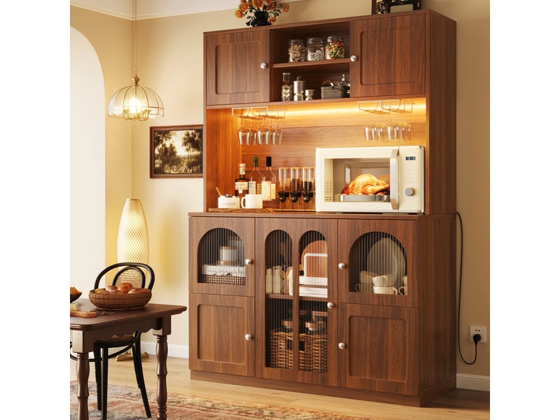  Armoire de cuisine 120x40x180cm, buffet vitrine avec étagères réglables et éclairage led à couleurs variables, marron foncé evarich - Conforama E