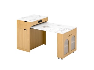 Desserte de cuisine extensible avec 2 tiroirs et étagères réglables, prises intégrées, naturel, 55–153 × 80 × 93 cm