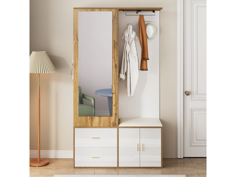  Vestiaire d'entrée avec miroir banc à chaussures et tringle 100 x 38 x 180 cm WF249235236N - Conforama E