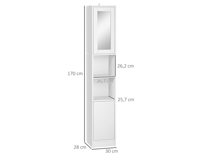  Colonne de salle de bain haute 30 x 28 x 170 cm miroir étagères réglables design épuré en panneau de particules blanc 21_0001925  - Conforama B