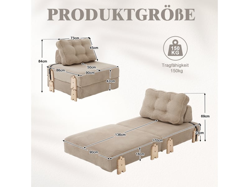  Fauteuil convertible 90x86x84 cm pliable en cord bois taupe  - Conforama C