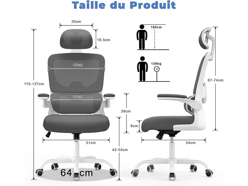  Dossier et appui-tête réglables, accoudoirs relevables — idéal pour le télétravail et la lecture — gris foncé  - Conforama C
