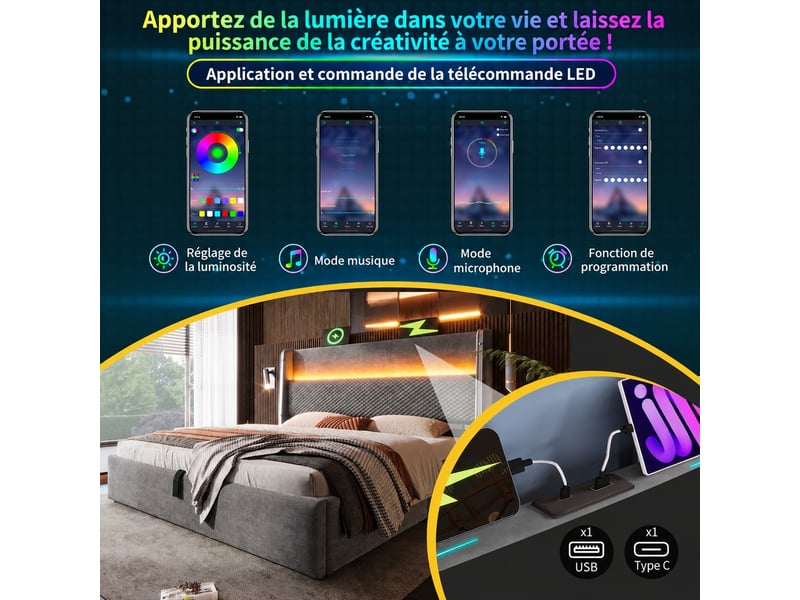  Lit coffre double avec tête haute, led, usbtype-c, gris, 180 x 200 cm  - Conforama E