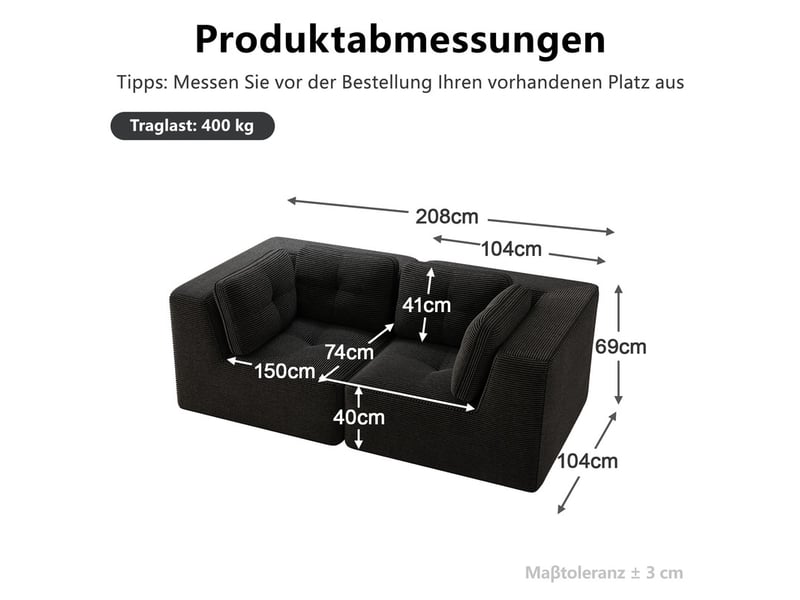  Canapé modulable d’angle 2 places en velours côtelé noir, sans montage  - Conforama C