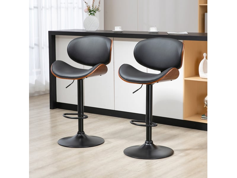  Lot de 2 tabourets de bar réglables et pivotants avec repose-pieds en similicuir noir et acier  - Conforama B