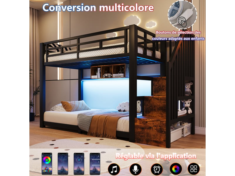  Lit superposé 90x200cm avec rubans led, 3 compartiments, escalier de rangement et garde-corps, couchages sans matelas, métal noir evarich - Conforama D