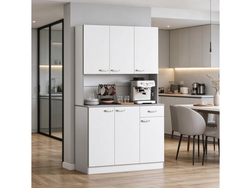  Meuble de cuisine muvano, buffet de cuisine 6 portes 1 tiroir, blanc et gris, 101 × 39 × 180 cm  - Conforama D