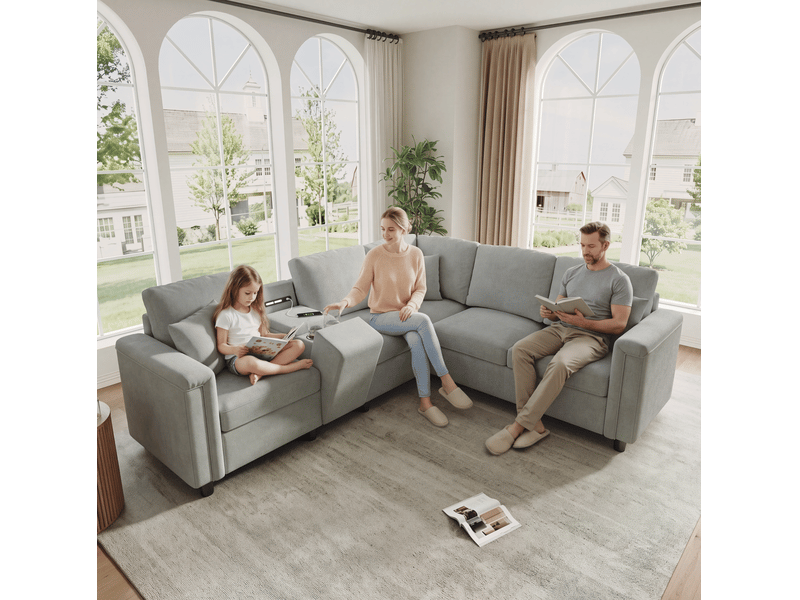  Canapé d'angle modulable 5 places en chenille gris clair, console de rangement, ports usb et usb-c, liseuse  - Conforama D