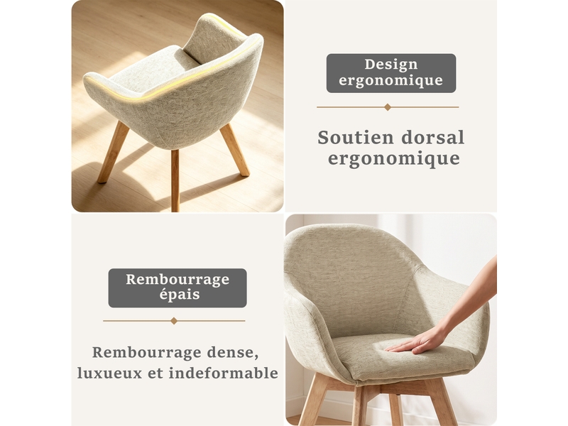  Lot de 6 chaises de salle à manger pivotantes à 360° – tissu effet lin respirant, pieds en bois massif - gris beige  - Conforama E