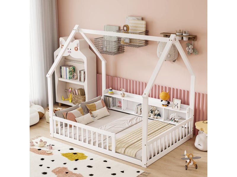  Lit cabane enfant 140 × 200 cm en bois de pin avec barrières de sécurité, étagères de rangement intégrées et cadre maison - blanc  - Conforama B