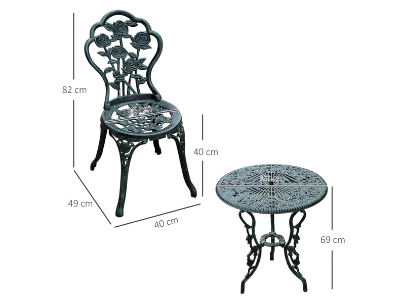  Salon de jardin 3 pièces 60 x 60 x 69 cm vert antique, aluminium moulé, table ronde et 2 chaises pour balcon et terrasse  - Conforama C