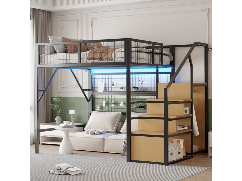  Lit mezzanine 140x200cm coloris noir led métal lit enfant noir - Conforama B