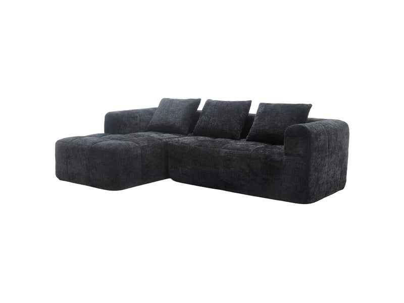  Canapé d'angle 3 places en chenille noir avec chaise longue et 3 coussins  - Conforama A