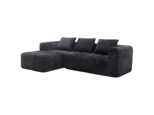 Canapé d'angle 3 places en chenille noir avec chaise longue et 3 coussins
