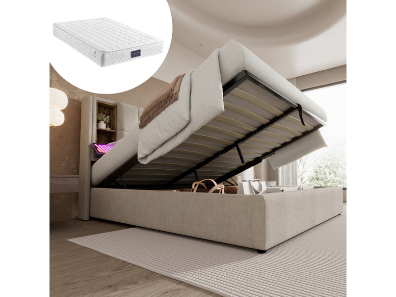  Lit double rembourré 160x200 cm avec recharge sans fil usb-c, couleur naturelle, cadre de lit adulte avec matelas  - Conforama A