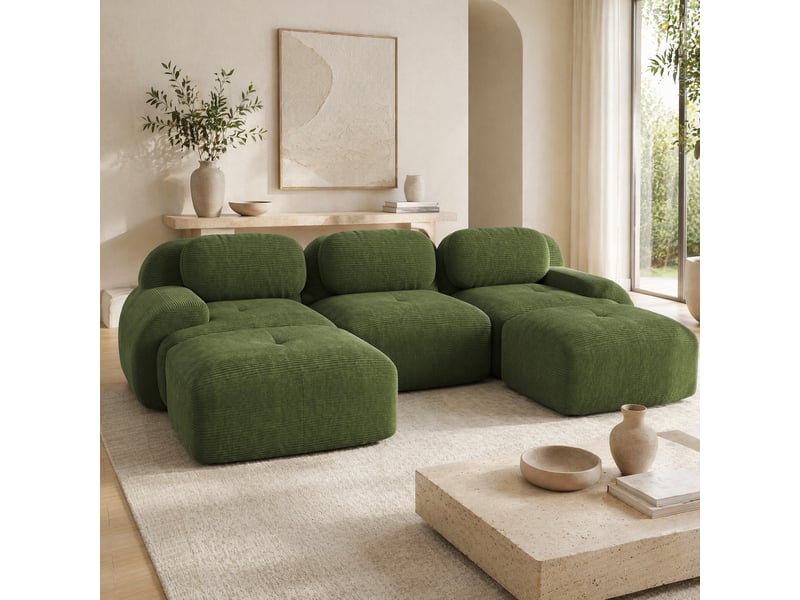  Canapé modulable en u modenvie 3 places 298 x 178 cm en velours côtelé vert  - Conforama E