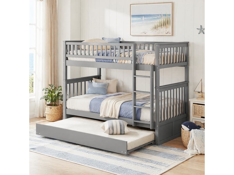 Lit superposé 3 couchages 90x200 cm, lit avec lit tiroir, escalier stable, garde-corps haut, bois gris, sans matelas - Conforama B