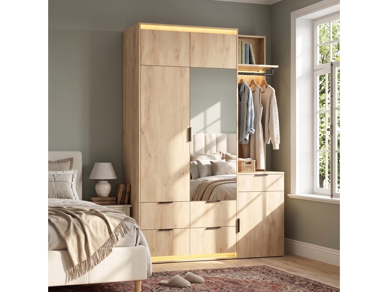  Ensemble dressing d'entrée modenvie avec miroir et éclairage led, 135 x 47 x 200 cm, 2 tringles, 5 tiroirs, mdf, chêne et anthracite  - Conforama E