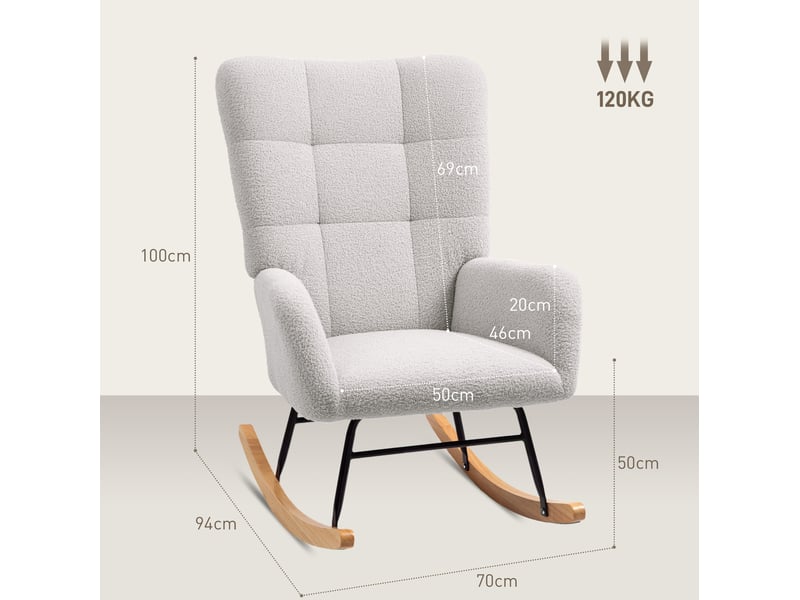 Fauteuil à bascule avec accoudoirs, dossier rembourré et assise large en tissu effet teddy gris clair - Conforama D