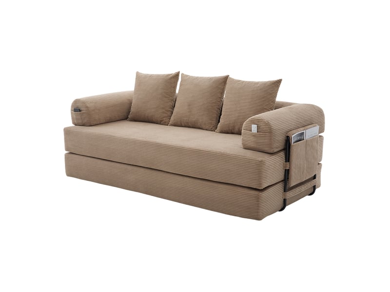  Canapé modulaire 3 places 200x94x67 cm – taupe – velours côtelé, 3 coussins et poche latérale  - Conforama A