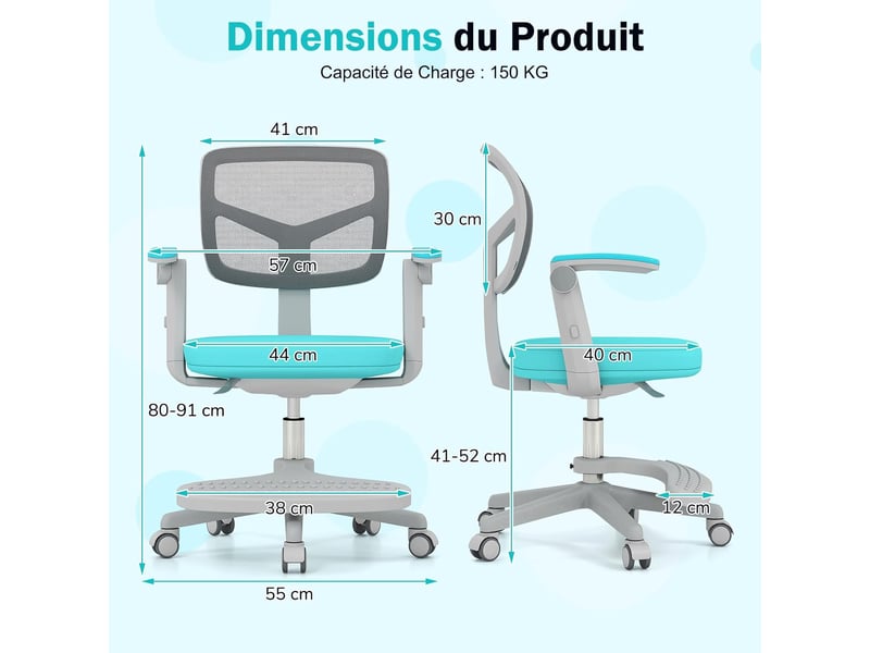 Chaise bureau enfant, chaise d'étude mobile avec hauteur réglable 41-52cm, repose-pieds, accoudoirs rabattables, coussin amovible doux (vert) - Conforama C