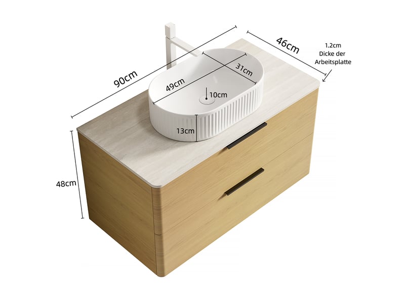  Meuble sous vasque avec lavabo ovale en céramique et 2 tiroirs, plateau en pierre frittée, salle de bain beige  - Conforama D