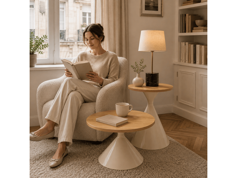  Table basse ronde ensembles mdf bois et métal blanc ø70 cm  - Conforama W