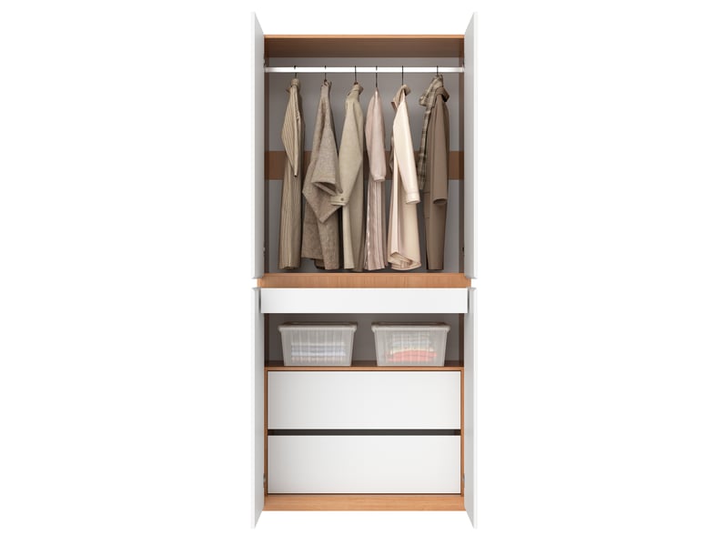  Armoire tcqpz 4 portes 90 x 50 x 200 cm avec penderie, tiroir à bijoux et rangements blanc effet chêne  - Conforama A