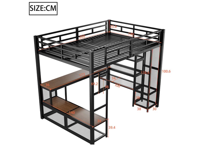  Lit mezzanine 140x200 cm avec bureau intégré, étagères et penderie ouverte, led 16 couleurs, usb, garde-corps hauts, métal noir Radiant Stride - Conforama C