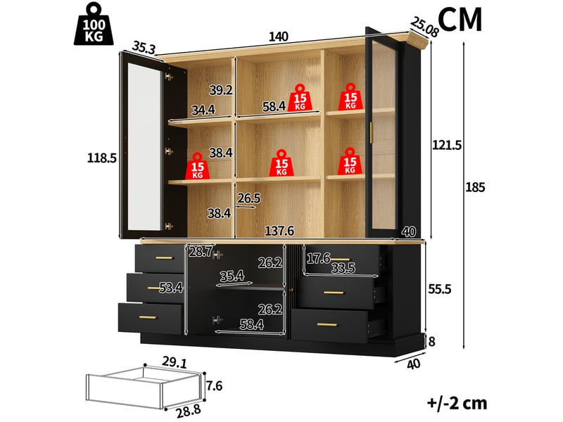  Buffet haut avec 6 tiroirs et portes vitrées, 140x40x185 cm, noir  - Conforama E